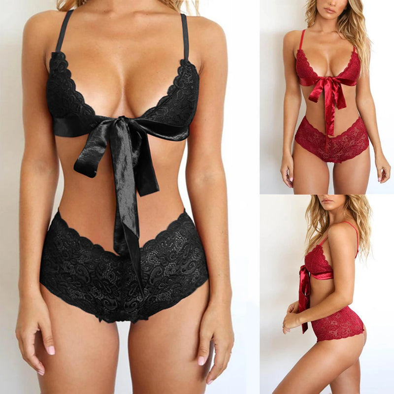 lingerie sexy com laço bordado conjunto feminino com renda